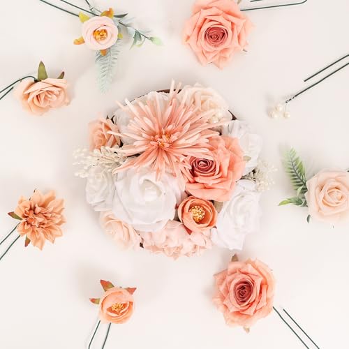 Artificial Flowers Combo Box Set Artificial Bouquets Wedding Flowers for Centerpieces Faux Flowers with Stems Peach Roses Artificial Flowers for Decor - color: Peach Pink