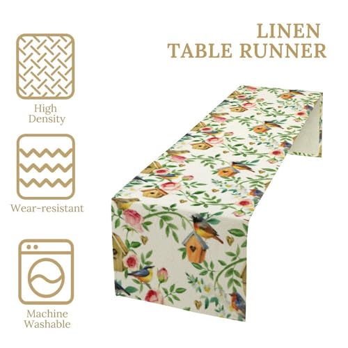 Birds Flowers Spring Table Runner,Watercolor Floral Leaves Seasonal Home Party Kitchen Dining Table Decoration 13x36 Inch - color: Bird_4, size: 13x36inch