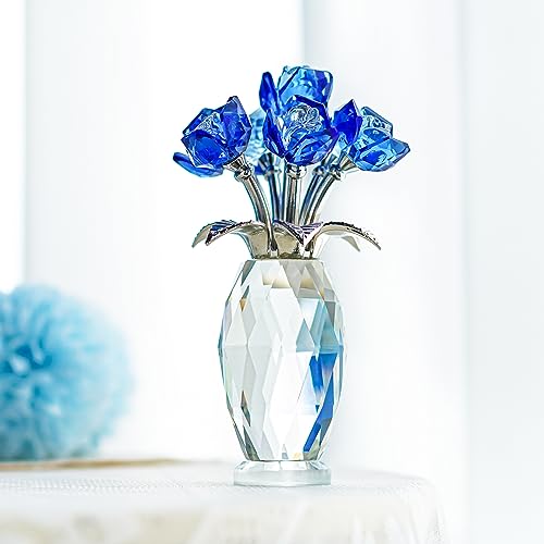 H&D HYALINE & DORA Blue Crystal Rose Flower Paperweight,Glass Flower Gifts for Women Girl Wife,Crystal Flowers Bouquet Collectible for Christmas Day Wedding Anniversary - color: Blue 2