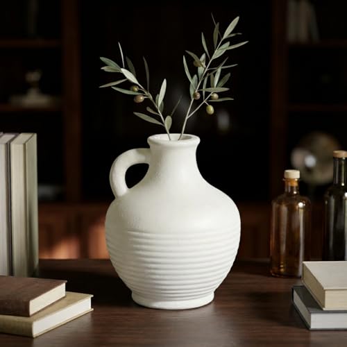 White Ceramic Vase, Rustic Farmhouse Vase with Handle, Pottery Vases for Flower, Farmhouse Decor, Centerpiece Table Decorations, 6 inch - color: Rustic White - 6, size: 6 Inch