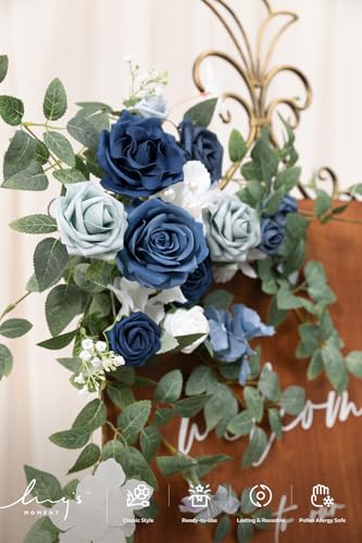 Ling's moment 2pcs Wedding Flowers Garland Artificial Floral Swag Arch Decorations Rose Greenery Arrangements Dusty Blue & Navy Ceremony Reception Garden Easel Wall Entryway Outdoor (NOT Include Sign - color: Dusty Blue & Navy