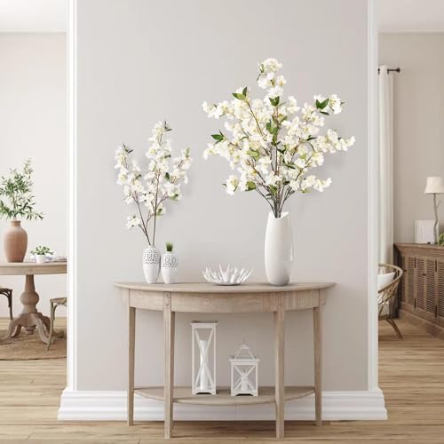 Sggvecsy Artificial Cherry Blossom Flowers 3 Pcs Faux Cherry Blossom Stems Faux Silk Cherry Blossom Branches 35.4’’ Fake Flowers Long Stems for Vase Arrangements Home Wedding Table Decor (White) - color: Ivory