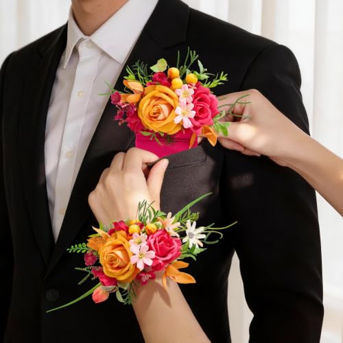 Serwalin Corsage and Boutonniere Set,2Pcs Hot Pink and Orange Rose Corsage Wristlet and Pocket Boutonniere for Men Prom Wedding Homecoming Anniversary Graduation - color: Hot Pink and Orange