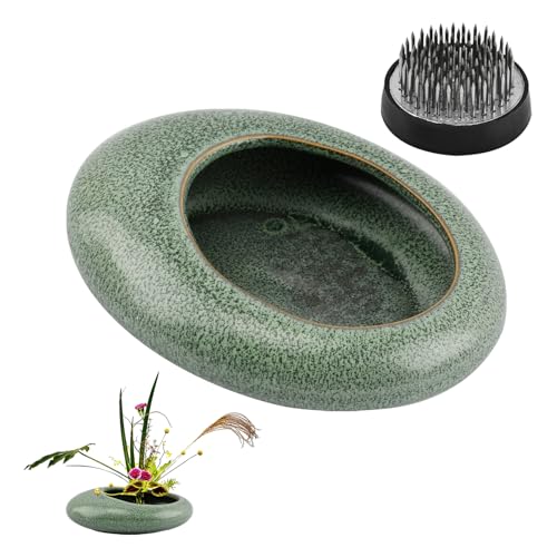 Japanese Ikebana Vase Kit w/ 1.57" Kenzan, Ceramic Pebble Bowl - color: Green