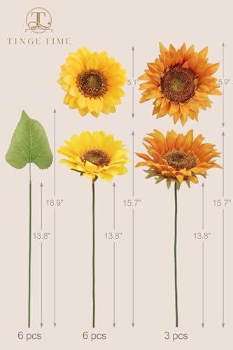 TINGE TIME 9 pcs Sunflowers Artificial Flowers, 6'' Silk Fake Sunflowers with Stems, Yellow and Orange Faux Sunflowers for DIY Outdoors Decor Home Decor Tables Centerpieces - color: 3pcs Orange + 6pcs Yellow