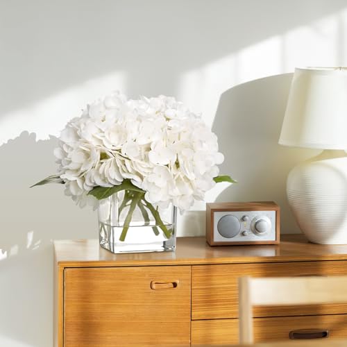 BLEUM CADE Luxury PU Fake Flowers in Vase with Faux Water, White Real Touch Hydrangea Artificial Flowers with Glass Vase for Office Home Dining Room Centerpiece Table Decorations - color: Hydrangea-white