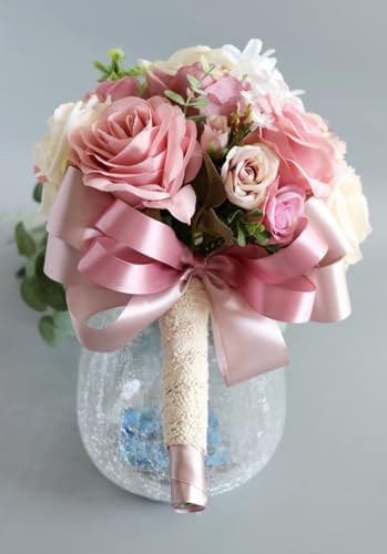 8.7 Inch Cascading Wedding Bouquet for Bride with Artificial Dusty Rose Flower Greenery Rustic Waterfall Cascade Bridal Wedding Bride Bridesmaid Bouquet Dusty Pink - color: Dusty Rose