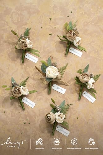 Ling's moment Boutonniere for Men, 6pcs Groom Groomsmen Boutonniere, Artificial Flowers for Wedding Decor/Prom/Homecoming, etc.Brown - color: Brn-brown