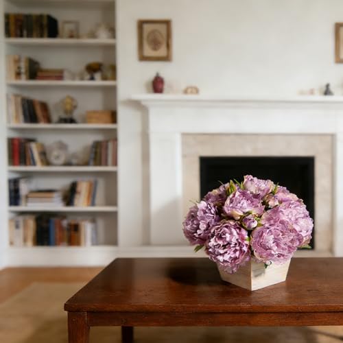 Artificial Hydrangea Flowers Arrangement in Wood Planter, 4PCS Fake Flowers in Wooden Vase Potted Floral Centerpieces for Tables Living Room Home Office Kitchen Decor (Purple Peony) - color: Purple Peony