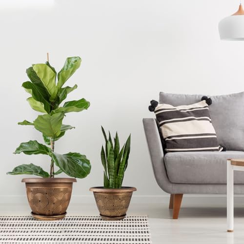Fodetyff 12 Inch Large Planter Pot for Plants Indoor Outdoor, 4 Pack Plastic Flower Pots with Drainage Hole & Tray, Modern Decorative Garden Pot with Saucer, Plant Container for House - color: Gold, size: 12 inch-4 pack
