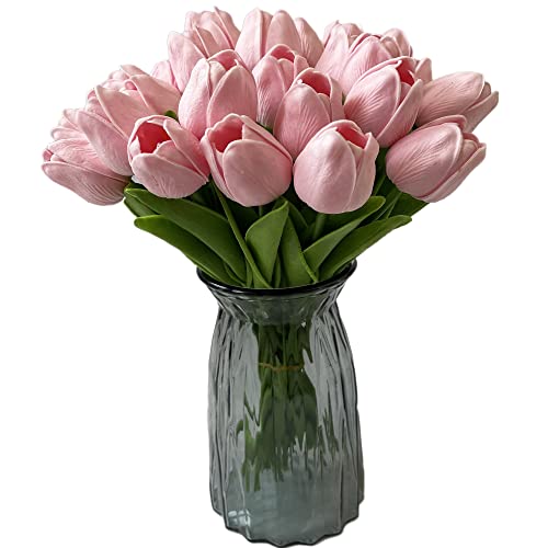 UKELER 24 Pcs Artificial Pink Tulip Flowers Faux Tulips with Stems PU Real Touch Tulips for Easter Spring Wreath Floral Arrangement Centerpiece Wedding Bouquets Baby Shower Decoration - color: Pink
