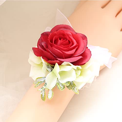 Red Rose Wrist Corsage Bracelets, 6 Pack Artificial Flower Hand Wrist Corsages with White Sheer Ribbon Pearl, Wedding Bridal Bridesmaid Wrist Flower for Prom Party Anniversary Wedding Decor - color: 6red, size: six (flower)