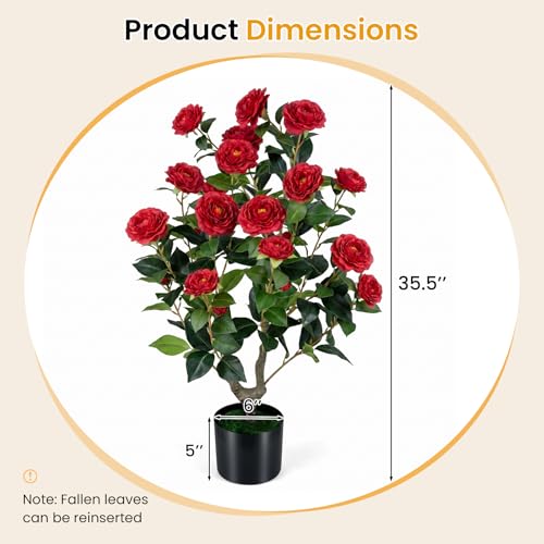 Goplus 35.5’’ Artificial Camellia Tree, Flower Plants Artificial Tree, Faux Floral Plant Blooming Tree in Cement Pot, Greenery Potted Plant for Indoor Outdoor Office Home Porch Decor - color: Red, size: 2ft 11in