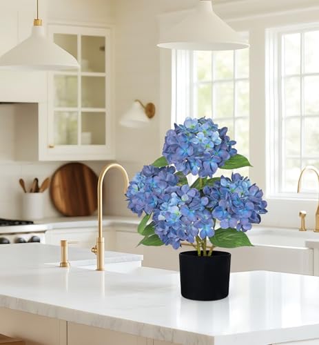 Hollyone Navy Blue Hydrangea Artificial Flowers in Pots 19.7" Four-Head Faux Silk Hydranges Flower Arrangements for Indoor Home Office Kitchen Table Centerpieces Wedding Decorations - color: Blue, size: 4 Head Hydrangea