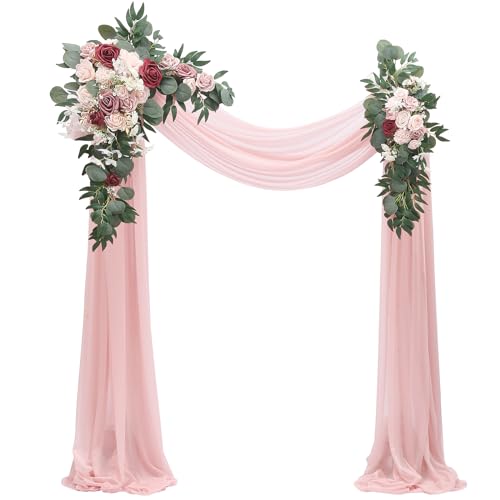 Floroom Arch Flowers with Drapes Kit (Pack of 4) - 2pcs Artificial Dusty Rose & Burgundy Floral Swag Arrangement with 2pcs Draping Fabric for Wedding Ceremony Arbor and Reception Backdrop Decoration - color: Dusty Rose & Burgundy