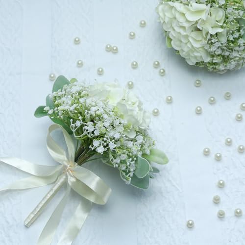 Artificial Bridesmaid Bouquets Set of 6 - Ivory White 9 Inch Various Flower Bouquet for Wedding Party Ceremony Anniversary Dinning Table Centerpieces Decor Faux (with Ribbon) - color: Various