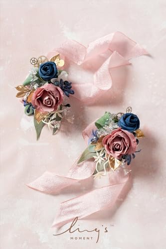 Ling's moment 2pcs Prom Wrist/Shoulder Corsage Artificial Flower, Girl/Mother Homecoming/Wedding Corsage Wristlet Décor, etc. Dusty Rose Navy Blue - color: Pk-dusty Rose & Navy Blue