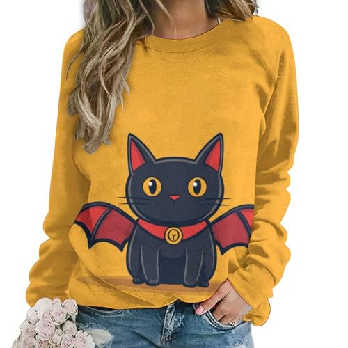 domirica Halloween Sweatshirts for Women Black Cat Print Pullover Crewneck Oversized 2024 Fall Fashion Casual Warm Shirt - color: Anime, size: Medium