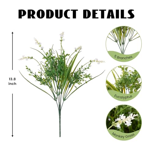 Hrobek Outdoor Faux Plants UV Resistant - 12 Bouquets Realistic Artificial Monkey Grass Greenery for Patio Garden Front Porch Decor Weatherproof Fake Plants for Outside - color: White