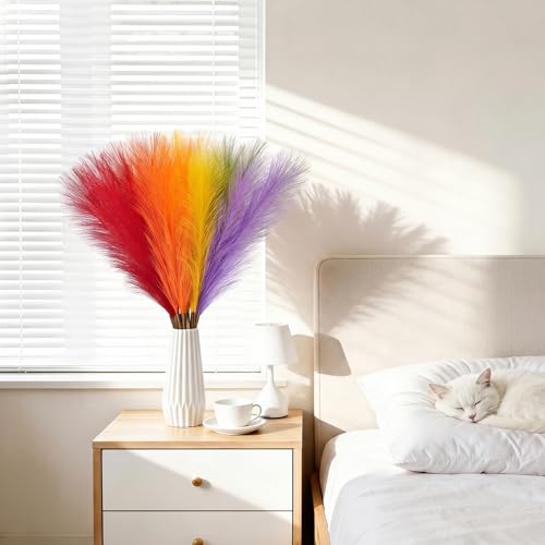 50pcs Pampas Grass 21.6 Inch Non-Shedding Faux Pampas for Modern Neutral Home, Boho Wedding and Cream Tone Vase Arrangements Red Orange Yellow Green Purple - color: Mixed Color3