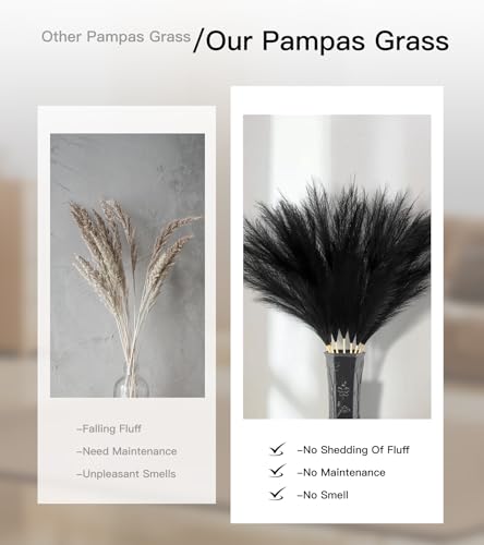 9 Pcs 45" Tall Pampas Grass Black Decor, Long Stem Artificial Flower Floor Vase Large Faux Floral Pompas Fake Plants Dried Bouquet Arrangement Vase Filler for Boho Home Wedding Decoration - color: 9 Pcs 45" Black Style