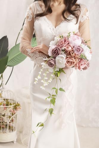 Bridal Bouquet Cascading, Dusty Rose Wedding Bouquets for Bride Bridesmaid 10" Artificial Flowers Bouquet for Wedding Decor - color: Dusty Rose & White