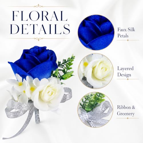 ChezMax Rose Boutonniere Handmade Flower Artificial Corsage with Clip and Ribbon 4 PCS for Bride Groom Wedding Prom Party - color: A-blue Boutonniere-4 Pcs
