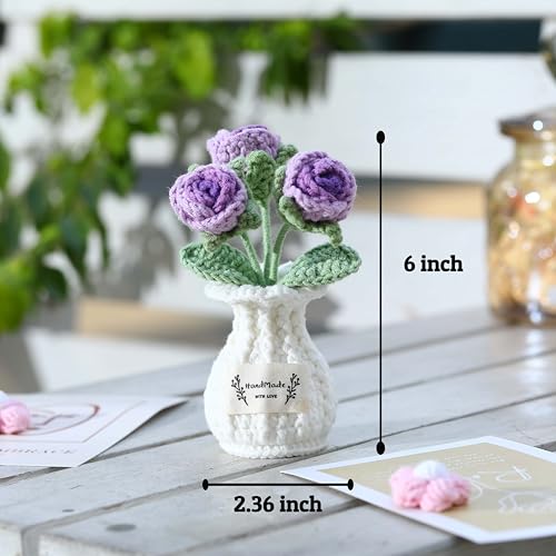 Crochet Rose Flower Potted Plant – Purple, Valentines Day Gift for Her, Handmade Knitted Romantic Desk Decor - color: D-rose-purple