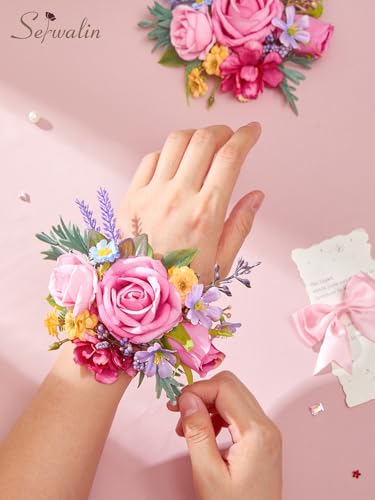 Serwalin 2Pcs Corsage and Boutonniere Set,Pastel Rose Corsage Wristlet and Pocket Boutonniere for Prom Wedding Homecoming Anniversary Graduation - color: Pastel