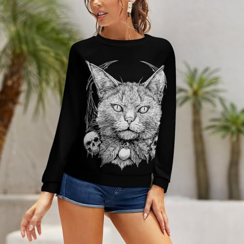 domirica Halloween Sweatshirts for Women Black Cat Print Pullover Crewneck Oversized 2024 Fall Fashion Casual Warm Shirt - color: Akuma, size: XX-Large