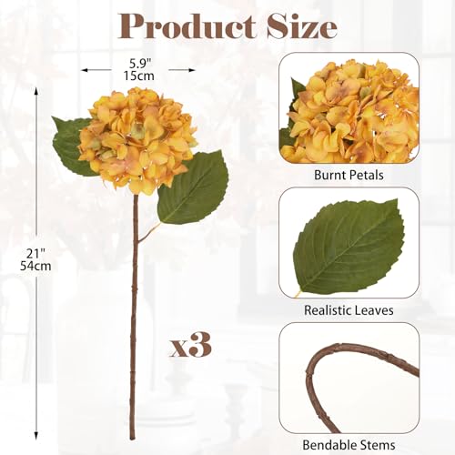 Hollyone 3Pcs Yellow Hydrangea Artificial Flowers Faux Dried Touch Hydrangeas Silk Flowers with Stems Fake Fall Florals Flower for Home Wedding Table Centerpiece Vase Arrangements Fall Decorations - color: Yellow - Dried Hydrangea