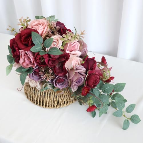 9.1 Inch Cascading Bridal Bouquet Waterfall Cascade Bridal Wedding Bouquet for Bride with Artificial Rose Flower Ribbon Rustic Burgundy Mauve and Pink - color: Burgundy, Mauve & Pink