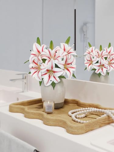 Oairse Artificial Tiger Lily Silk Flowers - 3 Pcs Faux Lily Flower 14.9" Fake Lilies Bouquets Faux Stargazer Lilies Stem with 6 Heads & 3 Buds for Indoor Outdoor Home Table Wedding Decor (White&Pink) - color: White&pink