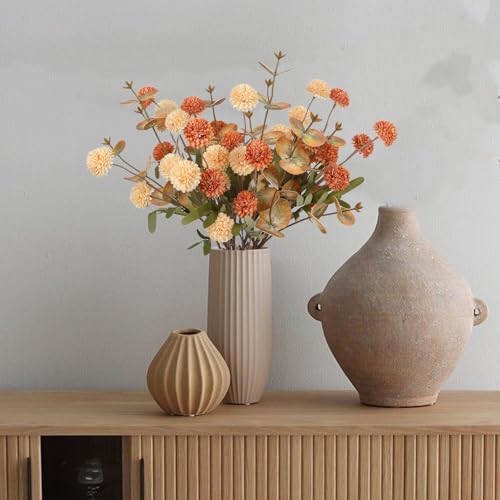 Pompom Mum Artificial Flowers,8 Stems Faux Kiku Flower with 3 Branches Eucalyptus Stems Mixed Orange Flowers Silk Pom Pom Balls for Wedding Bouquet Home Party Floral Arrangements(Mixed Orange) - color: Mixed Orange