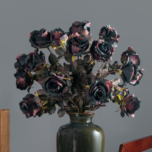 Artificial Flowers 20PCS Artificial Roses 23.2In Fake Roses Long Stem Artificial Flowers for Tall Vase Silk Rose Autumn Suitable for Indoor Decoration Wedding Party Decor DIY Bouquet,Dark Blue - color: Dark Blue
