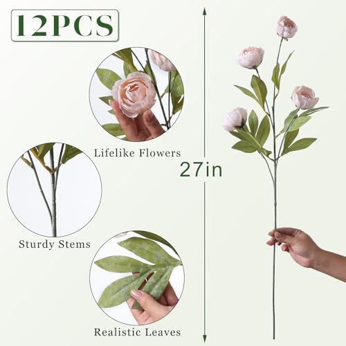 VIERENA 12 Pcs Faux Silk Peony Artificial Flowers for Vase -27", Bulk Fake Peonies Branches with Stems for DIY Bouquet Centerpieces Wedding Fillers Arrangements Shower Decorations (Beige) - color: Beige