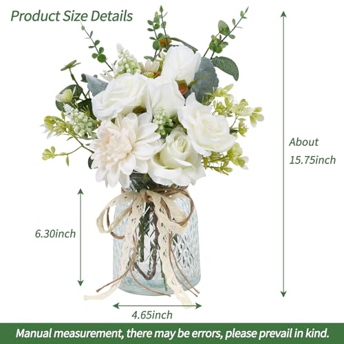 CEWOR Fake Flowers in Vase, Artificial Flowers Arrangement in Vase, Fake Floral Table Centerpieces Decor for Kitchen Farmhouse Coffee Table Living Room Bathroom Plant Decor - color: White