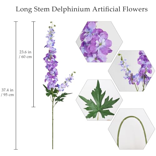 6Pcs Artificial Delphinium Flowers 37.4’’Purple Fake Larkspur Flowers Silk Flowers with Long Stems for Tall Vase Table Centerpiece Home Wedding Party Garden Decor(Purple) - color: Purple