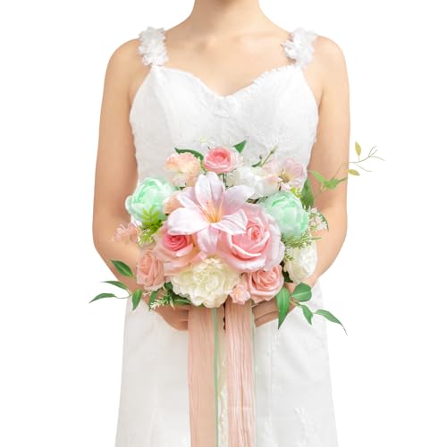 TINGE TIME Wedding Bouquets for Bride, 9 Inch Handcrafted Silk Bridal Flowers Bouquets for Wedding Ceremony, Gift for Bridesmaid, Bouquet for Party Church Decoration,and Romance Gifts (MintGreen&Pink) - color: Mint Green & Pink