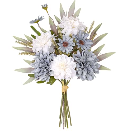 Dremisland Artificial Flowers Bouquet Silk Blue Flowers Fake Floral Arrangements Faux Blue and White Flowers Plant Wedding Bride Bouquets Floral Tables Centerpieces for Home Decor Indoor Vase Table - color: Blue White