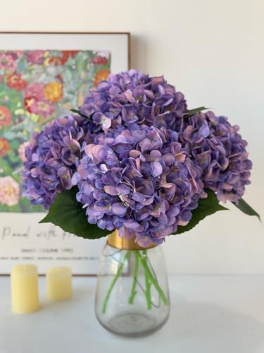 YalzoneMet 4Pcs Purple Silk Hydrangea Artificial Flower Lifelike Big Blooms 20'' Long Stem Faux Hydrangea Flower Bouquets for Home Party Indoor Outdoor Wedding Table Centerpiece Decor - color: Purple
