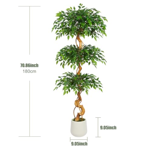6FT Artificial Ficus Tree, 72in Fake Silk Tree with Natural Curved Trunk & 1860 Lush Leaves, Floor Faux Plant with White Pot, Low Maintenance Decor for Home, Office, Patio - color: Ficus Tree 6ft