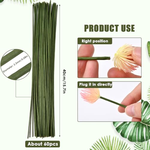 FOCCTS 60 Pack Floral Wire Stems, 2 Gauge 16 Inch Artificial Flower Stem Rods Green Sticks for Flower Bouquet, Wire Wreath Making Supplies