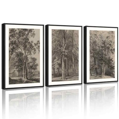 PHOPAGO Vintage Tree Framed Wall Art Retro Forest Wall Decor Nature Wilderness Sketch Paints Modern Bedroom Living Room Decor - 11x14in Black Framed - color: Brown Tree, size: 14L" x 11W" x 3 Pcs Black