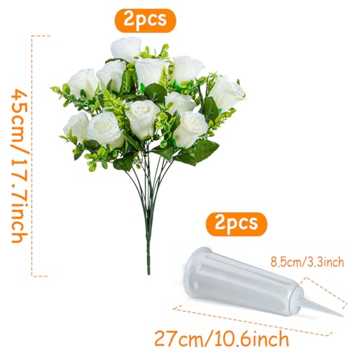 XONOR Artificial Cemetery Flowers, Set of 2 Artificial Rose Bouquet Grave Memorial Flowers with Vase for Cemetery Headstones Decoration (White) - color: White