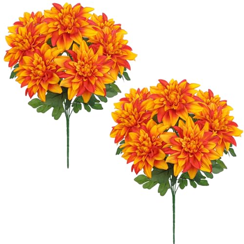 Hollyone 2Pcs Orange Artificial Dahlia Flowers Bush 7 Heads Silk Fake Dahlias Flowers with Stems Wedding Bouquets Faux Dahlia Flowers Arrangements for Outdoor Indoor DIY Table Centerpieces Home Decor - color: 2pcs - Orange