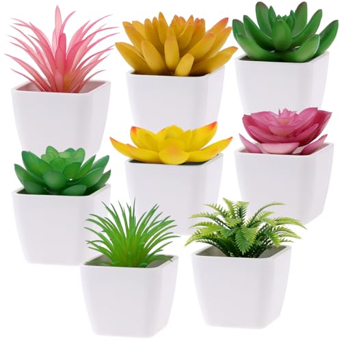 Woration 8Pcs Mini Artificial Succulent Plants Simulation in White Pots Small Fake Succulents Decoration for Bedroom Aesthetic Living Room Office Shelf - color: Décor 2