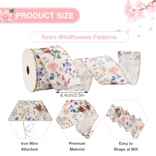 JarThenaAMCS Vintage Floral Wired Ribbon 2.5 Inch Wildflower Ribbon for Bow Wreath Craft Gift Wrap Spring Holiday Wedding Birthday Party Home Decor