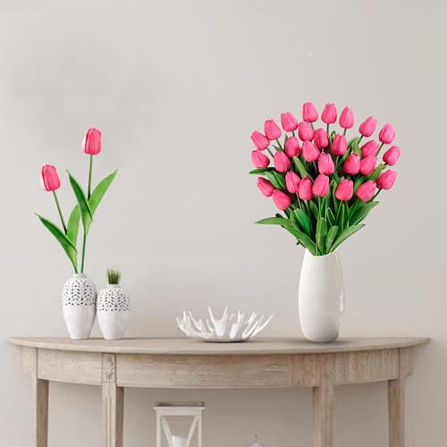 Sggvecsy 30 Pcs Fake Tulips Artificial Flowers Real Touch PU Faux Flowers Tulip Stems for Wedding Spring Bouquet Floral Arrangement Home Party Office Decorations for Mother's Day (Dark Pink) - color: Dark Pink, size: 30 Pcs