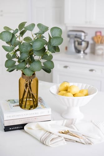 Briful Artificial Eucalyptus Stems in Amber Glass Vase with Faux Water, 14" Fake Plant Eucalyptus Leaves for Home Office Farmhouse Wedding Centerpiece Décor - color: Amber